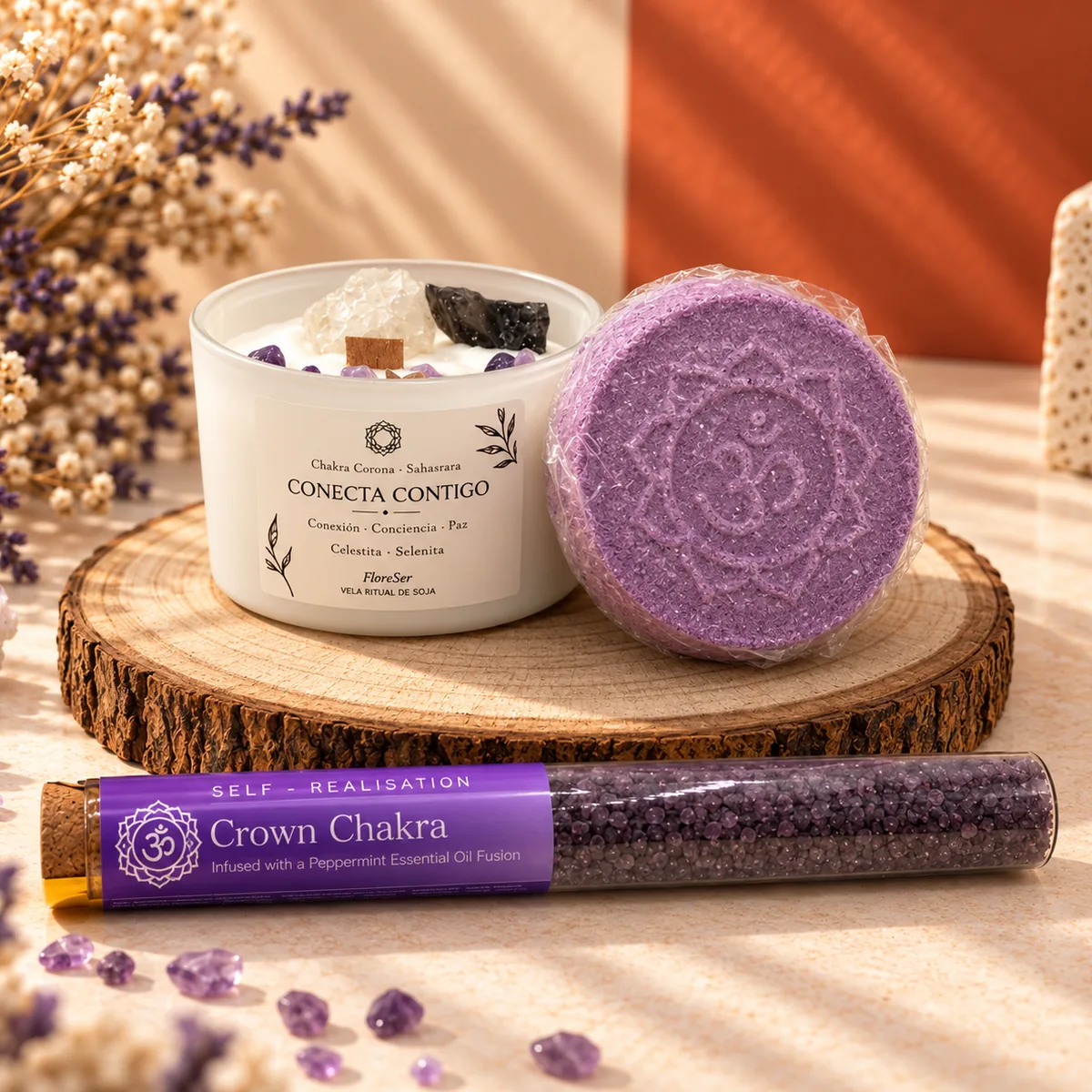 Pack ritual Chakra Corona de FloreSer: vela de soja con celestita y selenita, bomba y sales de baño