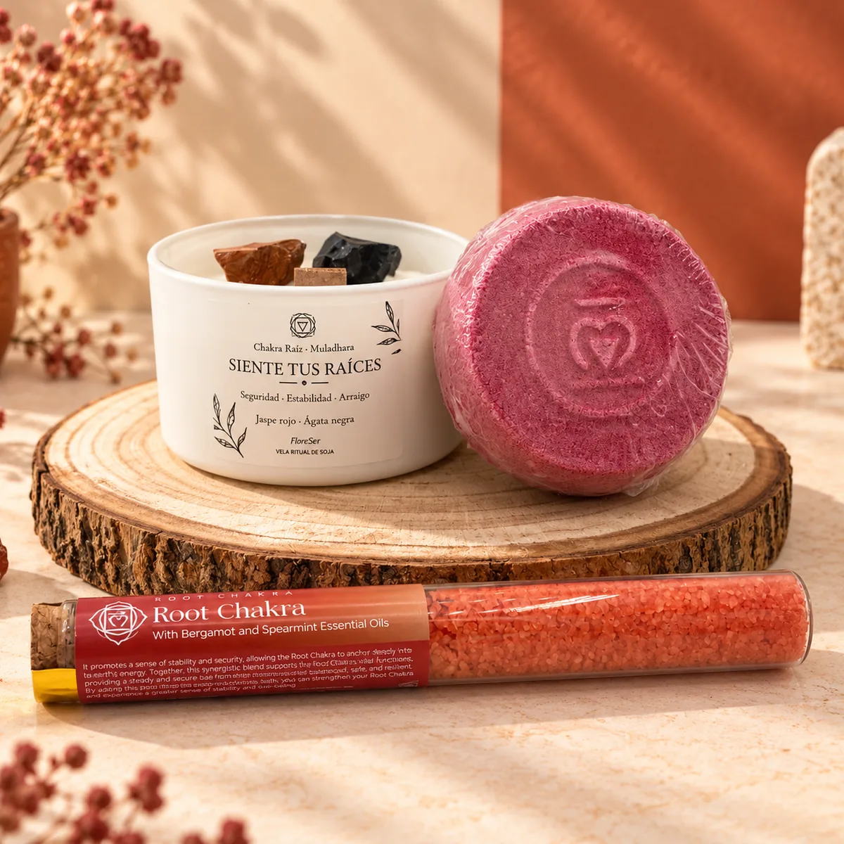 Pack ritual Chakra Raíz de FloreSer: vela de soja con jaspe rojo y ágata negra, bomba y sales de baño